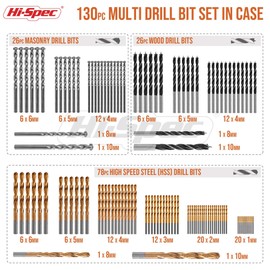 Hi-Spec 130-piece Drill Bit Set HSS Steel Drill Bits, Brad Point Carbon Steel Drill Bits with Wood and Carbide Tips in a Storage Case