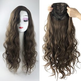 QIANCHUN Large 18x18cm Free Parted Clip in Hair Topper 150% Density Thick Fluffy Synthetic Cloud Wavy Toupee 55cm Silk Base Head Top Replacement Wig (Right Part, Light Brown)