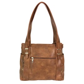 Zzfab Multi Pockets Double Handles Faux Leather Concealed Carry Purse with Hidden Locking Zipper Brown