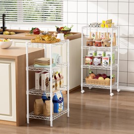 Golpart Small 4 Tier Shelves Storage Wire Shelving Unit Metal Shelf Adjustable Organizers Storage Shelving with Wheels for Bathroom Laundry Room Kitchen Pantry12”D x 18”W x 44.8”H White