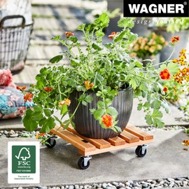 WAGNER Pflanzenroller NATURE 29 x 29 x 8 cm I Pflanzenroller für Innenbereich I Blumenroller aus FSC®-Massivholz, terracotta I Kübelroller aus Holz I Tragkraft 100 kg I Made in EU - 20015201