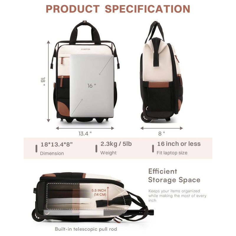 Rolling Puffer Backpack for Women, Travel Backpack with Wheels, 16