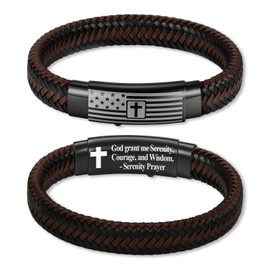 KLIFOWDY American Flag Leather Bracelet for Men Bible Verse Bracelets Cross Bracelet Christian Jewelry Gift for Men