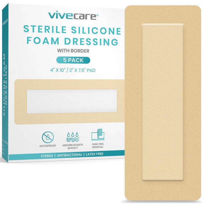 ViveCare Silicone Foam Dressing 4x10 with Border Adhesive - Bed