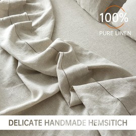 Simple&Opulence 100% Belgian Linen Sheet Set Handmade Hemstitch Linen King Size Bed Sheet-4 Piece (1 Flat Sheet 1 Fitted Sheet 2 Pillowcases)-Natural Flax Farmhouse Bedding