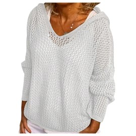 Verdusa Women's Hollow Out Crochet Sweater Long Sleeve Drop Shoulder Loose Pullover Hoodie Knitwear White Medium