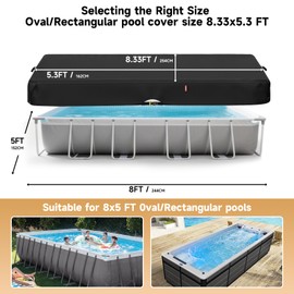 LXKCKJ 5x8 FT Rectangular Pool Cover for Above Ground Pool, Solar Oval Pool Cover Protection with Tensioner, Ideal for Rectangular/Oval Frame Pool Waterproof & UV-Resistant (Black)