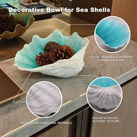 Large Turquoise-Aqua blue Sea Shells Decorative Bowl Resin Clam Shell Bowl Beach Decorations for Home Coastal Beach Decor Decoration Storage Bowls & Home Office Nautical Themed Party Decor -10.6