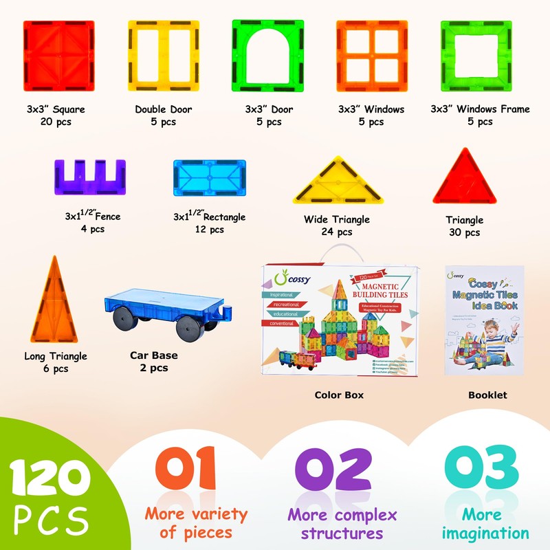 cossy 120Pcs Magnetic Tiles Magnetic 3D Building Blocks Set Educational