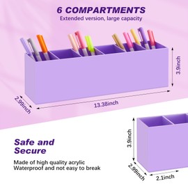 Jetec Acrylic Pen Holder 6 Compartments Pencil Holder Stationery Organizer Makeup Brush Holder for Desk Accessories, Cosmetic Brushes, Dorm, Home, Bathroom, Kitchen, Office Supplies(Purple)