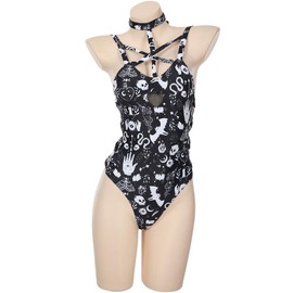 haikyuu Women Goth One Piece Swimsuit Skeleton Swimsuit Gothic Bathing Suit Slimming Crisscross Lace Up (US, Alpha, Small, Regular, Regular, Black)