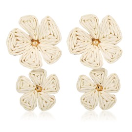 Mikovivi Flower Drop Earrings, Stylish Double Floral Straw Wrapped Summer Earrings Cute Boho Statement Earring Beach Jewelry Gifts Flower Earring for Women