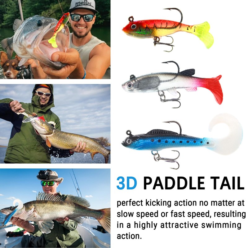 15PCS Lifelike Paddle Tail Swimbaits with Jig Heads, Pre-Rigged Soft