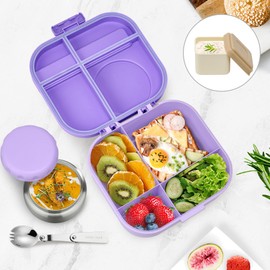 Aimsnk Kids Lunch Box with Stainless Steel Thermos Soup Cup – Leakproof, 4 Compartments, BPA-Free, Includes Foldable Spoon & Sauce Container (Ideal for School, Picnic, Travel)