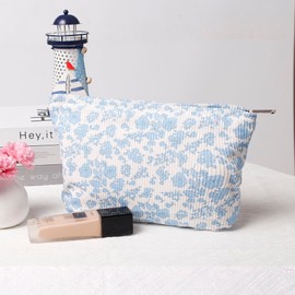 Makeup Bag for Women, Flower Cosmetic Bags Zipper Pouch, Large Capacity Corduroy Makeup Bag, Travel Toiletry Bag Organizer for Women and Girls (Flower-A)