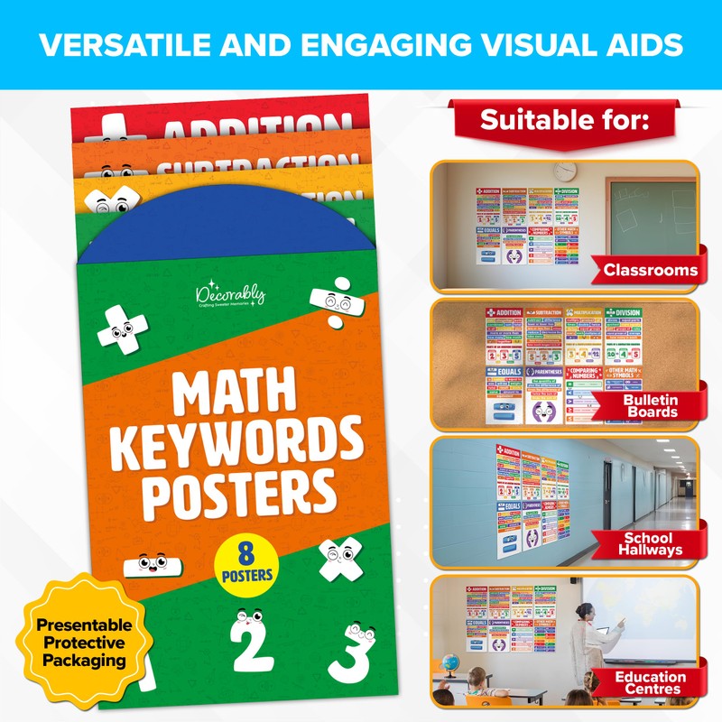 Decorably 8 Math Key Words Posters, 11x17in Matte-Laminated Educational Math