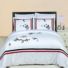 sheetsnthings 8pcs Queen Size Bed in a Bag Embroidered Florence White Duvet Set Including Cotton 3pcs Duvet Cover Set+ 4pcs Queen Sheet Set+ 1pc Full/Queen Down Alternative Comforter