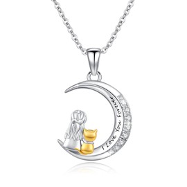 Katzenhalskette S925 Sterlingsilber Katze und Frauen auf dem Mond Anhänger Halskette für Frauen Ich liebe dich für immer Schmuck Geschenke zum Geburtstag