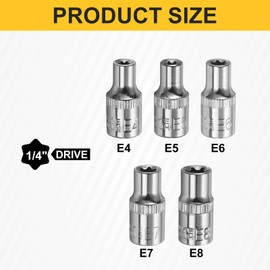 sourcing map 5pcs E-Torx Socket 1/4" Drive E4-E8 External Torx Deep Socket CR-V 6 Point Spline Socket Star Female Bit Socket for Auto Repairs Home Maintenance DIY Hand-Making 1" Length