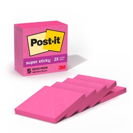 Post-it Super Sticky Notes, 5 Sticky Note Pads, 3 x 3 in., Ideal for Organization in Your Dorm, Home or Office, Single Color Packs Collection, Power Pink
