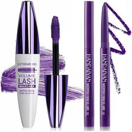 Lila Wimperntusche und Eyeliner Set, 5D Farbige Flüssig-Wimperntusche für Volumen, Länge, Schwung, wasserdicht, verwischfest, ideal für Party- und Bühnen-Make-up