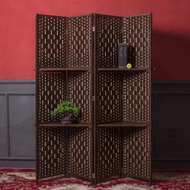 Furnnylane 4 Panel Room Divider and Folding Screen Divider with Shelves,Panel Divider Screen with Removable Storage Shelves,Dark Brown,67" H x 51.2" W