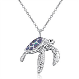 TANGPOET 925 Sterling Silver Turtle Necklace Turtle Pendant Ocean Jewellery Gifts for Women with S925 18 Inch + 2 Inch Cable Chain, Sterling Silver, Opal