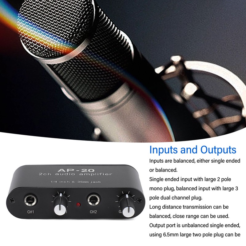 2 Channel Sound Amplifier Balanced 1/4 Inch 6.35mm Gain Independent