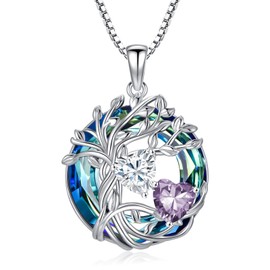 TOUPOP Family Tree of Life Pendant Necklaces for Women 18k White Gold Plated 925 Sterling Silver 2 Heart Birthstone Necklace with Austrian Crystal Jewelry Valentines Day Christmas Gifts for Women