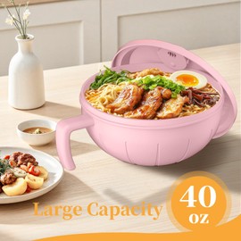 steo spce Large Ramen Bowl Set, 40 Oz Microwaveable Noodle Cooker with Leak-Proof Lids, Chopsticks, Spoon & Fork – Portable and Dishwasher Safe, Ideal for Home, Office, Dorm, or Gift Light (Pink)