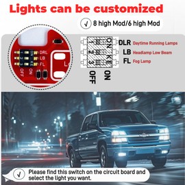 Hexaes Sens Customizable 6 high Mod ＆ 8 high Mod for 2003-2007 Chevy Silverado & Sierra 1500/2500/3500 Classic | Low Beams DRL Fog Lights Stay On with High Beams | Plug & Play Installation.(Red)