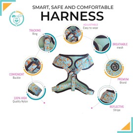 SUPER DOGGY No Pull Dog Harness, Leash and Bag, Breathable Harness for Small and Medium Dogs, Harness and Leash with Safety and Visibility (Blue Bananas, XS(5-8 lb))