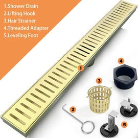 24 Inch Linear Shower Drain Bathroom Kitchen Golden Floor Drain Removable Capsule Pattern Cover Accessories Shower Drain 304 Stainless Steel Drain with Hair Strainer Adjustable Leveling Feet