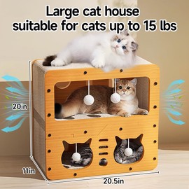 Breathable Cardboard Cat Scratcher House,Cat House for Indoor Cats,Wooden Cats Beds Condos，Bedsure Kitten Cave Furniture，Cute Playhouse Box，Large Size，Suitable for Cats up to 15 lbs