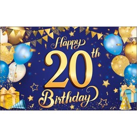 KatchOn, Blue and Gold 20th Happy Birthday Banner - 72x44 Inch | 20th Birthday Backdrop, 20th Birthday Decorations for Men | 20 Year Old Birthday Decorations | 20th Blue and Gold Birth day Decorations
