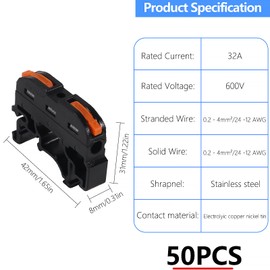 MELIFE 50PCS DIN Rail Terminal Blocks Kit, Universal Compact Lever Wire Connector for Electrical Wires, Detachable Ground Circuit Terminal Blocks for Circuit Inline 28-12 AWG