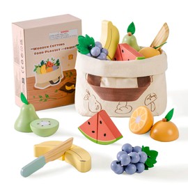 ROBOTIME Wooden Fruit Cutting Set for Children - Realistic Fruit Cutting Set with Wooden Banana, Pear, Watermelon, Grapes & Accessories, Montessori Spring Learning Toy