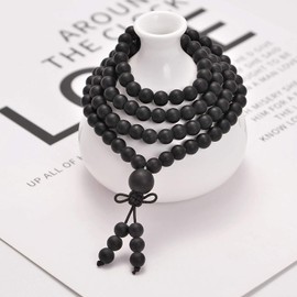 AD Beads Natural Gemstones Buddhist 108 Prayer Healing Beads Mala Stretchy Bracelet Necklace 6mm (Matte Black Onyx)