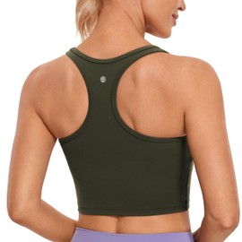 CRZ YOGA Butterluxe Womens Y-Back Racerback Longline Sports Bra - Padded Scoop Neck Workout Crop Tank Top with Built in Pads Olive Green Large