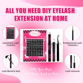 DIY Lash Extension Kit,Cluster lash Extensions Kit, 10-16mm Mix Wispy Lash Clusters, D Curl Lash Clusters Kit with Bond and Seal & Tweezer & Remover, Fluffty Lash at Home Lash Extensions Kit