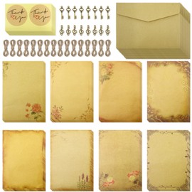 Modixun 96pcs Vintage Paper and Envelopes, Retro Kraft Writing Stationery Paper and Envelopes, Include Antique 32 Papers, 16 Envelopes, 16 Ropes, 16 Pendants, 16 Stickers