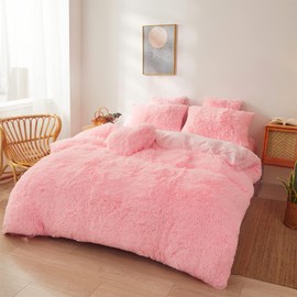 FOPPA Fluffy Faux Fur Pink Comforter Cover Set Queen - Ultra Soft Plush Pink Bedding Sets 3 Pieces (1 Fluffy Duvet Cover + 2 Faux Fur Pillow case) Cute Bed Set (Light Pink, Queen)