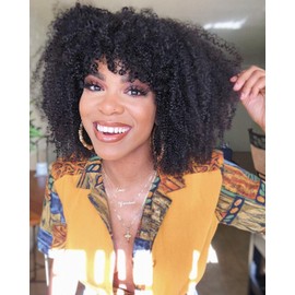 Human Hair Wigs For Women Curly Wig With Bang 200% Density 100% Human Hair With Fringe Wigs For Black Women Afro Kinky Curly Glueless None Lace Afro Hair Wig 12inch