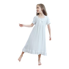 Verve Jelly Nightgowns for Girls Long Vintage Soft Cotton Sleepwear Full Length Short Sleeve Nightdress for Kids Ruffle Princess Pajama White 130 7-8 Years