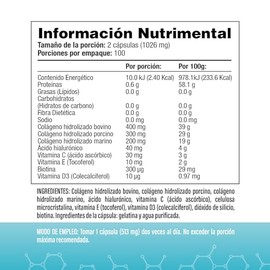 Triple colágeno (Marino, Porcino y Bovino) De Tipo 1, 2 Y 3 + Ácido Hialurónico y Biotina | Con vitamina C, D3 Y E | 200 Cápsulas | S&V | Sin Gluten y