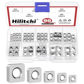 Hilitchi 90Pcs Square Nuts Assortment M3 M4 M5 M6 M8 304 Stainless Steel Square Nuts Square Machine Screws Nut Metric Coarse Thread Metric Square Nut Fasteners for Home Repair(304 Stainless Steel)