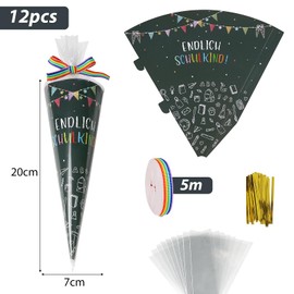 COLOFALLA Pack of 12 Siblings School Cone, Small, 20 cm, Small Sugar Bags for Filling, Finally, School Child Gifts, Decoration for First Day of School, Boys and Girls