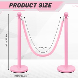Ferraycle 4 Pcs Stainless Steel Stanchions Post Queue 38 Inch, 5 ft Velvet Rope Carpet Ropes and Pole, Control Barriers for Wedding Birthday Party Decoration Sand Injection Hollow Base Set (Pink)