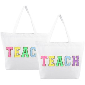Dripykiaa 2Pcs Teacher Tote Bag Canvas Chenille Letter Patches Work Handbag with Zipper Pocket - White