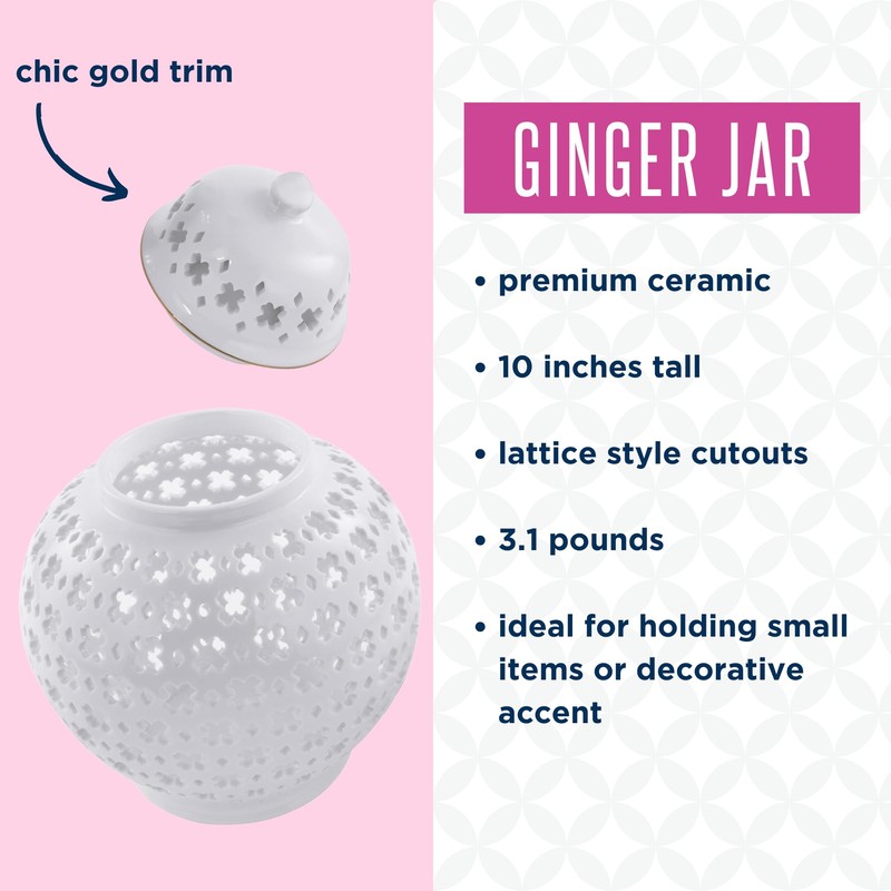 Lilly Pulitzer Ginger Jar with Lid, 10" Tall Ceramic White